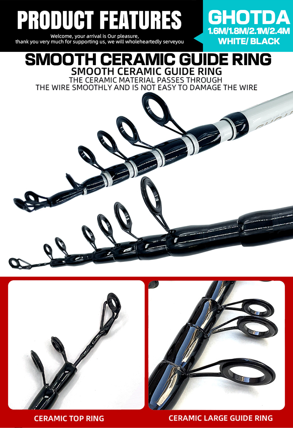 Ghotda-ca&ntilde;a de pescar ultraligera port&aacute;til con carrete reforzado, 1,6, 1,8, 2,1, 2,4 m