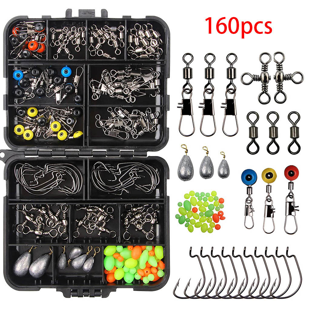 Juego de aparejos de pesca de 160 unids/set, anzuelos de plantilla, cuentas, pesas giratorias, broches deslizantes, Kit de accesorios para pesca