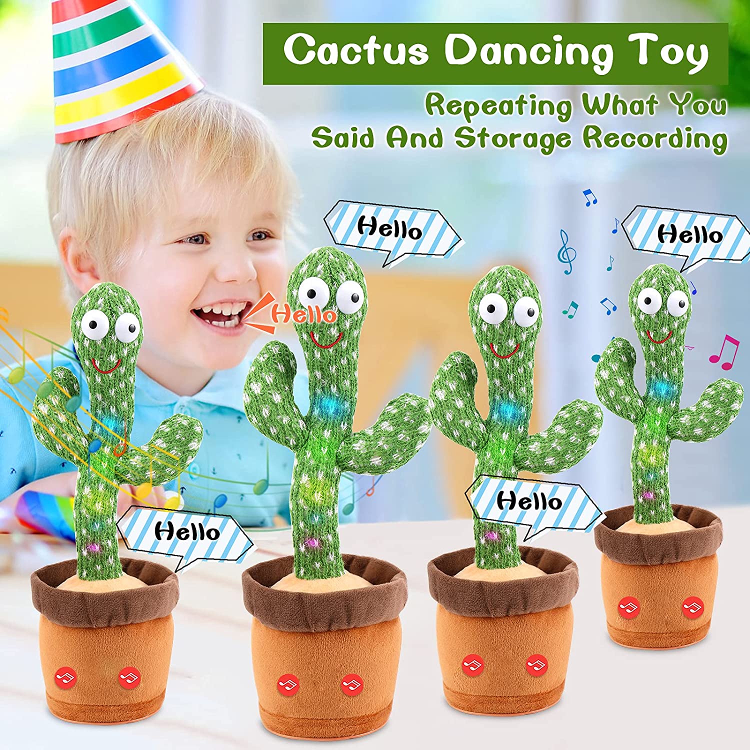 Juguete de peluche de Cactus para beb&eacute; y ni&ntilde;o, mu&ntilde;eco parlante con carga USB, juguete para cantar, bailar y hablar con voz, regalo de Navidad para decoraci&oacute;n del hogar