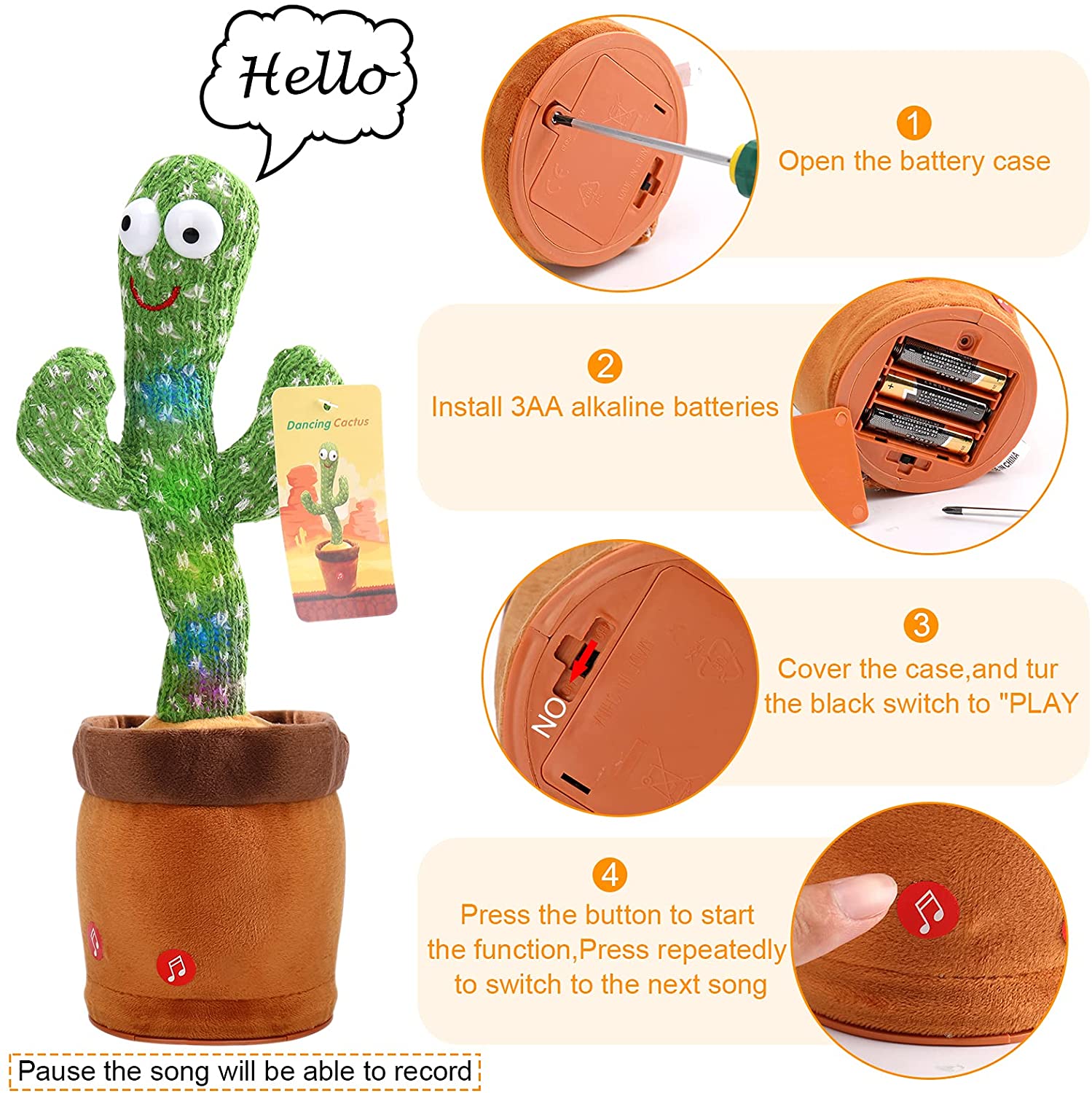 Juguete de peluche de Cactus para beb&eacute; y ni&ntilde;o, mu&ntilde;eco parlante con carga USB, juguete para cantar, bailar y hablar con voz, regalo de Navidad para decoraci&oacute;n del hogar