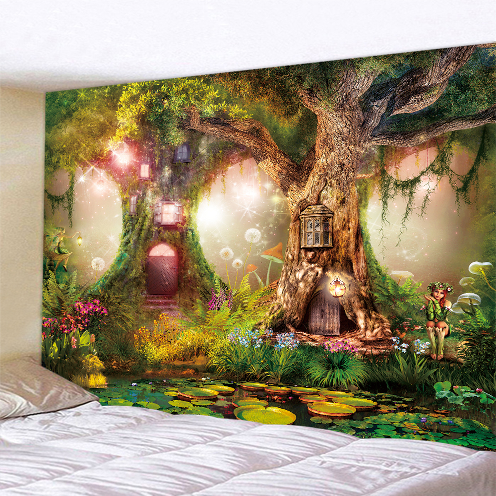 M&aacute;gico elfo del bosque tapicer&iacute;a de decoraci&oacute;n para el hogar, Fondo De Seta, tela hippie, escena psicod&eacute;lica, colgante de pared bohemio