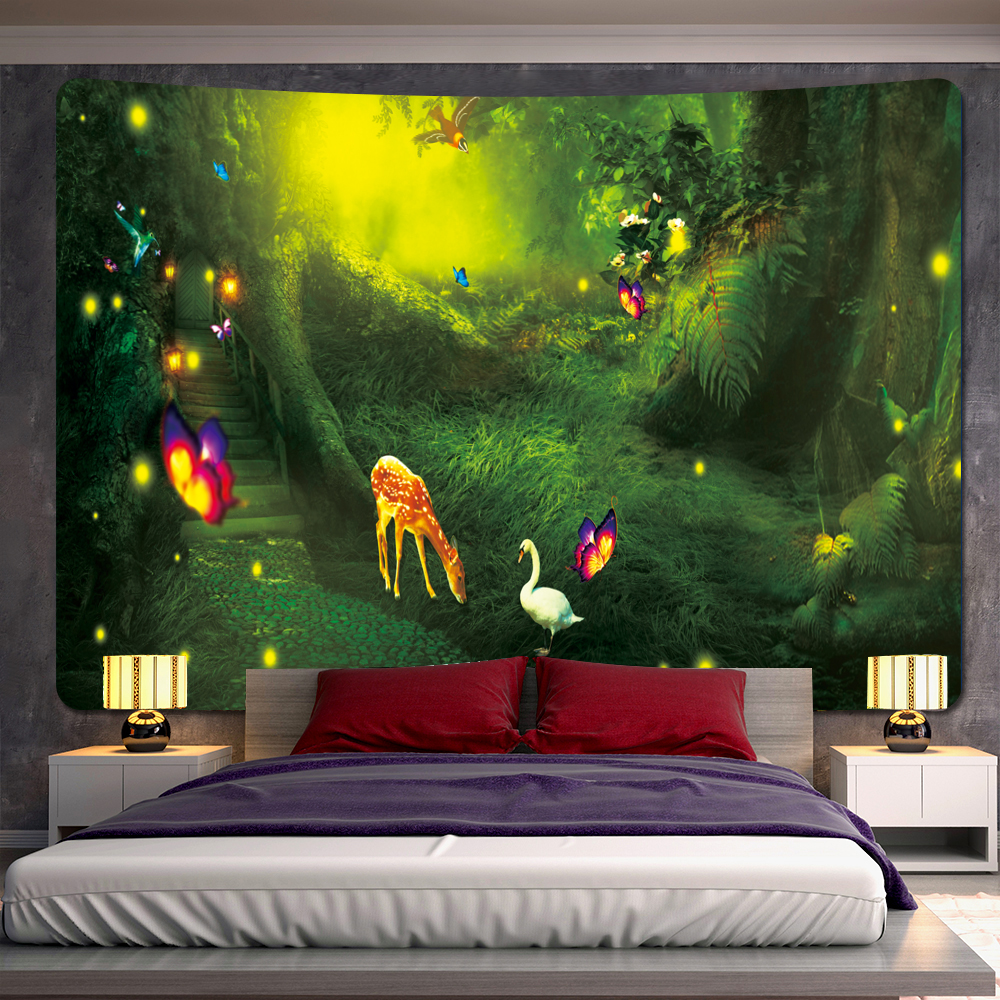 M&aacute;gico elfo del bosque tapicer&iacute;a de decoraci&oacute;n para el hogar, Fondo De Seta, tela hippie, escena psicod&eacute;lica, colgante de pared bohemio