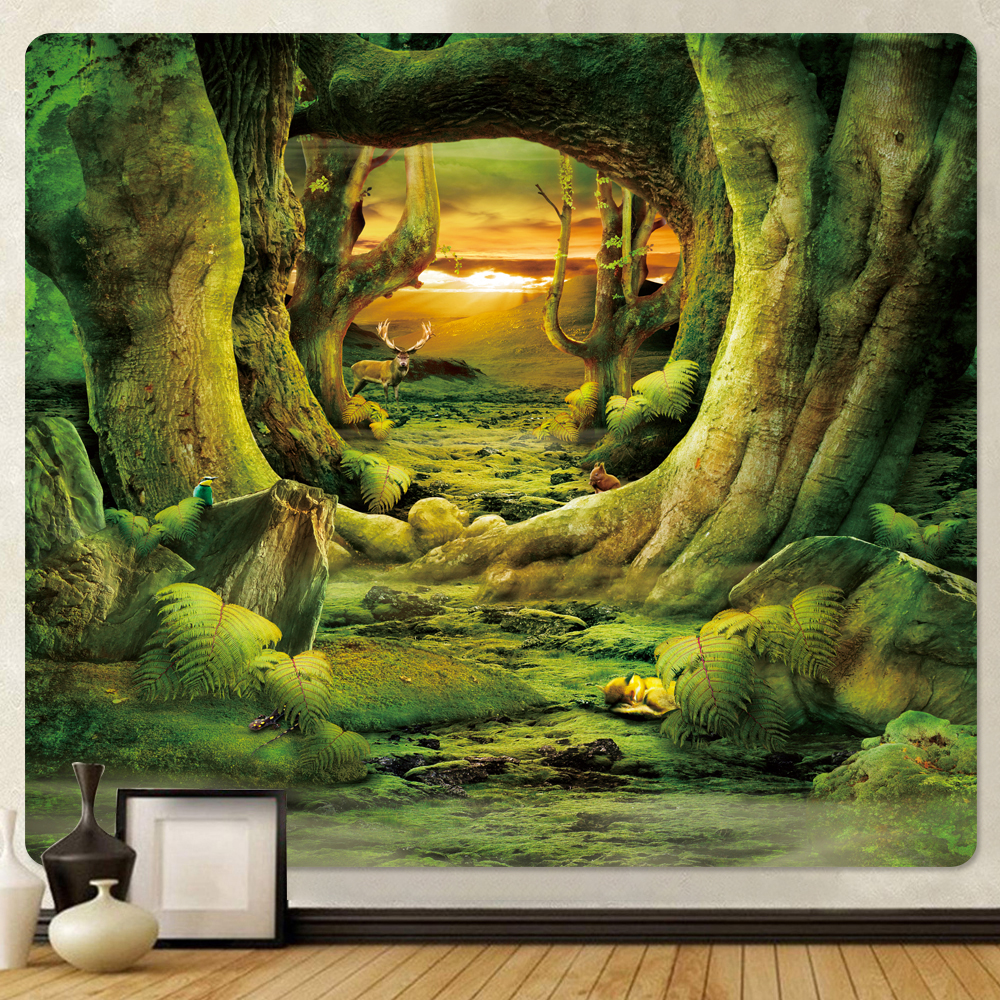 M&aacute;gico elfo del bosque tapicer&iacute;a de decoraci&oacute;n para el hogar, Fondo De Seta, tela hippie, escena psicod&eacute;lica, colgante de pared bohemio