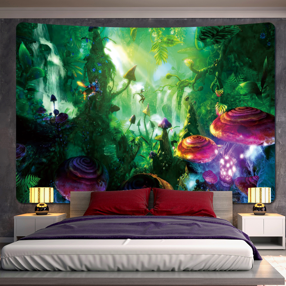 M&aacute;gico elfo del bosque tapicer&iacute;a de decoraci&oacute;n para el hogar, Fondo De Seta, tela hippie, escena psicod&eacute;lica, colgante de pared bohemio