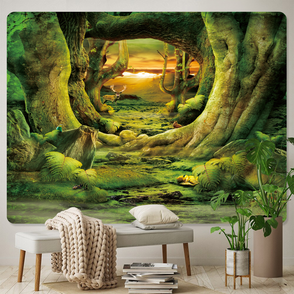 M&aacute;gico elfo del bosque tapicer&iacute;a de decoraci&oacute;n para el hogar, Fondo De Seta, tela hippie, escena psicod&eacute;lica, colgante de pared bohemio