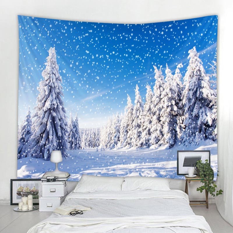 Tapiz navide&ntilde;o de bosque, mu&ntilde;eco de nieve, &aacute;rbol de Navidad, Pap&aacute; Noel, decoraci&oacute;n c&aacute;lida para el hogar, pa&ntilde;o de pared de Navidad delgado de poli&eacute;ster