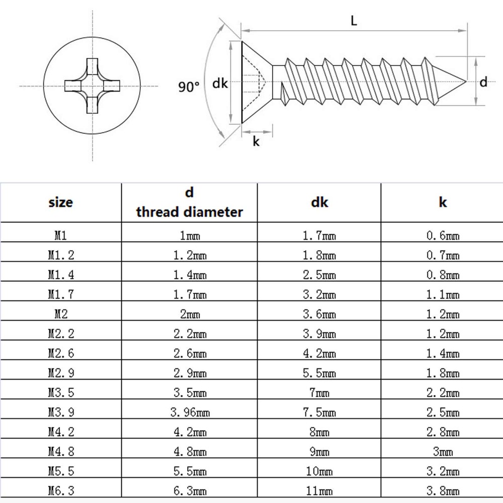 Tornillo autorroscante de cabeza avellanada plana Phillips, M1, M1.2, M1.4, M1.7, M2, M2.6, M3, M3.5, M4, M5, Mini M6 de acero inoxidable 304