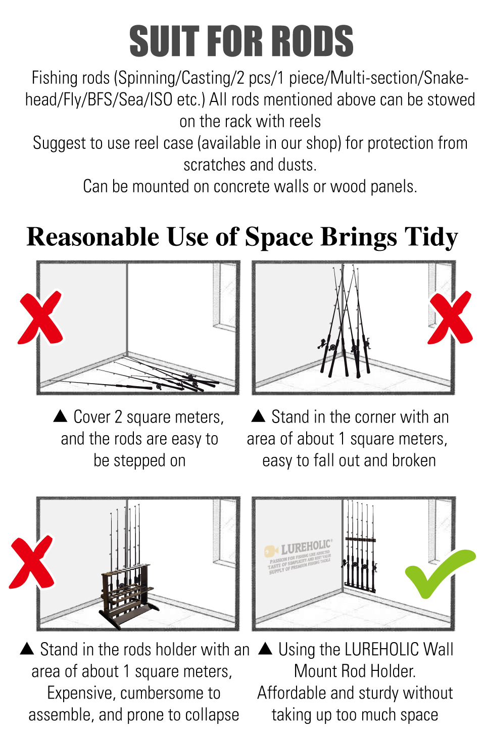 LUREHOLIC-estante Vertical para ca&ntilde;a de pescar, soporte Modular de pared para garaje, 6 varillas