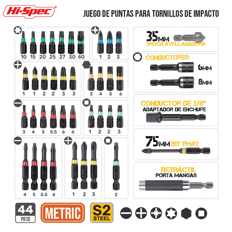 Hi-Spec Juego de puntas de destornillador S2 de 44 uds, herramientas el&eacute;ctricas, kit de reparaci&oacute;n electrodom&eacute;sticos