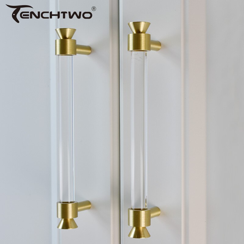 TENCHTWO-tiradores de cristal acr&iacute;lico para armario de cocina, pomos de caj&oacute;n de armario, tiradores de puerta de tocador en forma de T dorados, herrajes para muebles