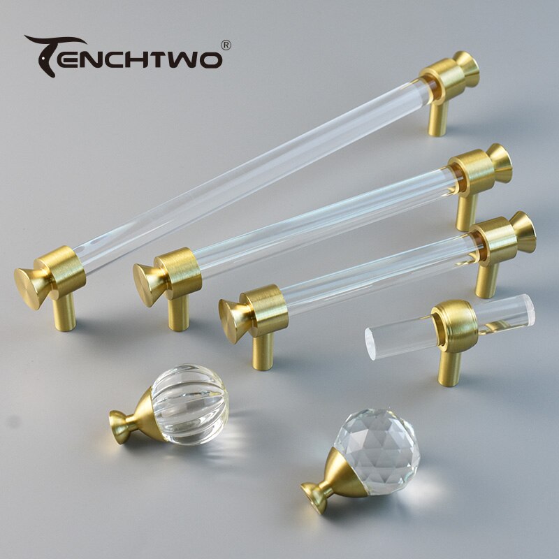 TENCHTWO-tiradores de cristal acr&iacute;lico para armario de cocina, pomos de caj&oacute;n de armario, tiradores de puerta de tocador en forma de T dorados, herrajes para muebles