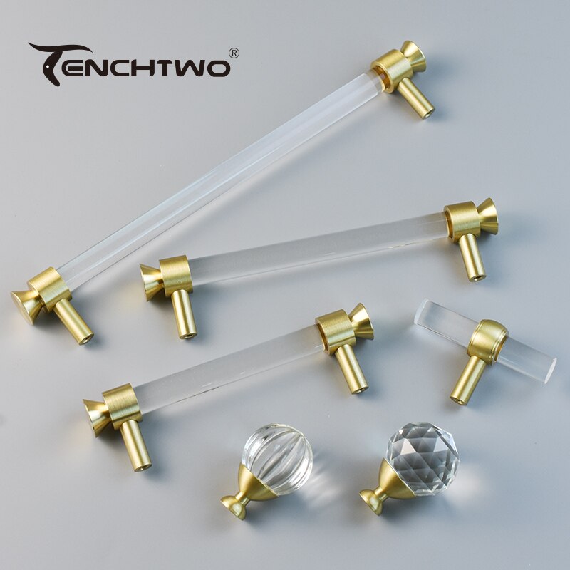 TENCHTWO-tiradores de cristal acr&iacute;lico para armario de cocina, pomos de caj&oacute;n de armario, tiradores de puerta de tocador en forma de T dorados, herrajes para muebles
