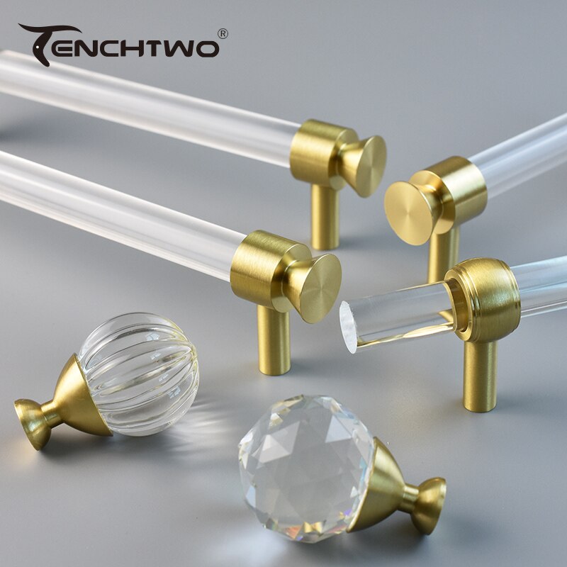 TENCHTWO-tiradores de cristal acr&iacute;lico para armario de cocina, pomos de caj&oacute;n de armario, tiradores de puerta de tocador en forma de T dorados, herrajes para muebles