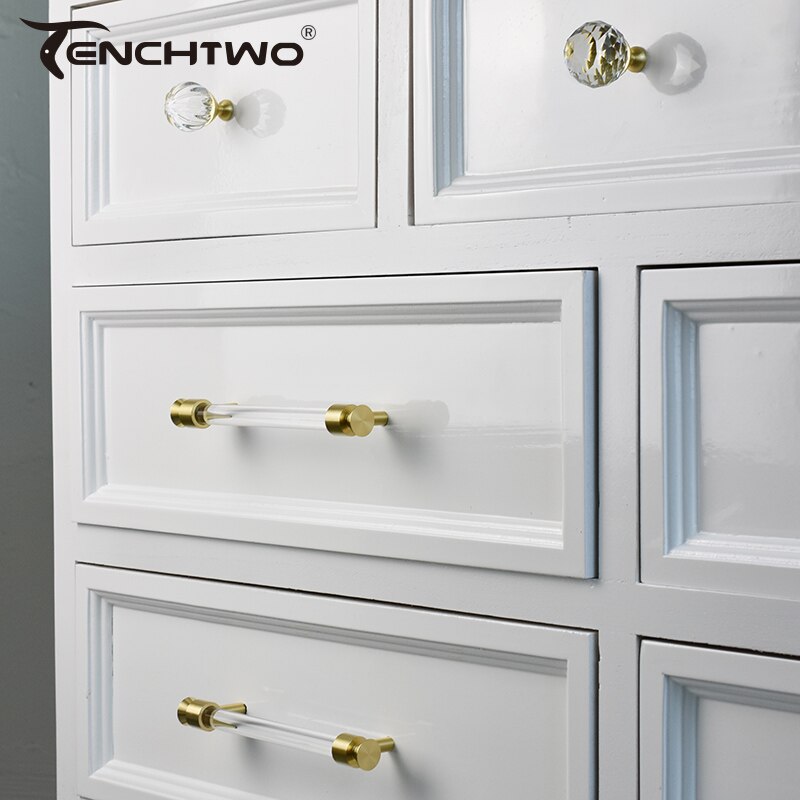 TENCHTWO-tiradores de cristal acr&iacute;lico para armario de cocina, pomos de caj&oacute;n de armario, tiradores de puerta de tocador en forma de T dorados, herrajes para muebles