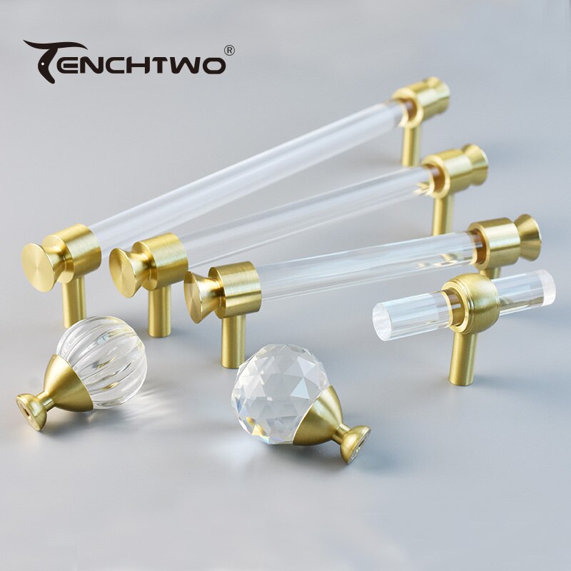 TENCHTWO-tiradores de cristal acr&iacute;lico para armario de cocina, pomos de caj&oacute;n de armario, tiradores de puerta de tocador en forma de T dorados, herrajes para muebles