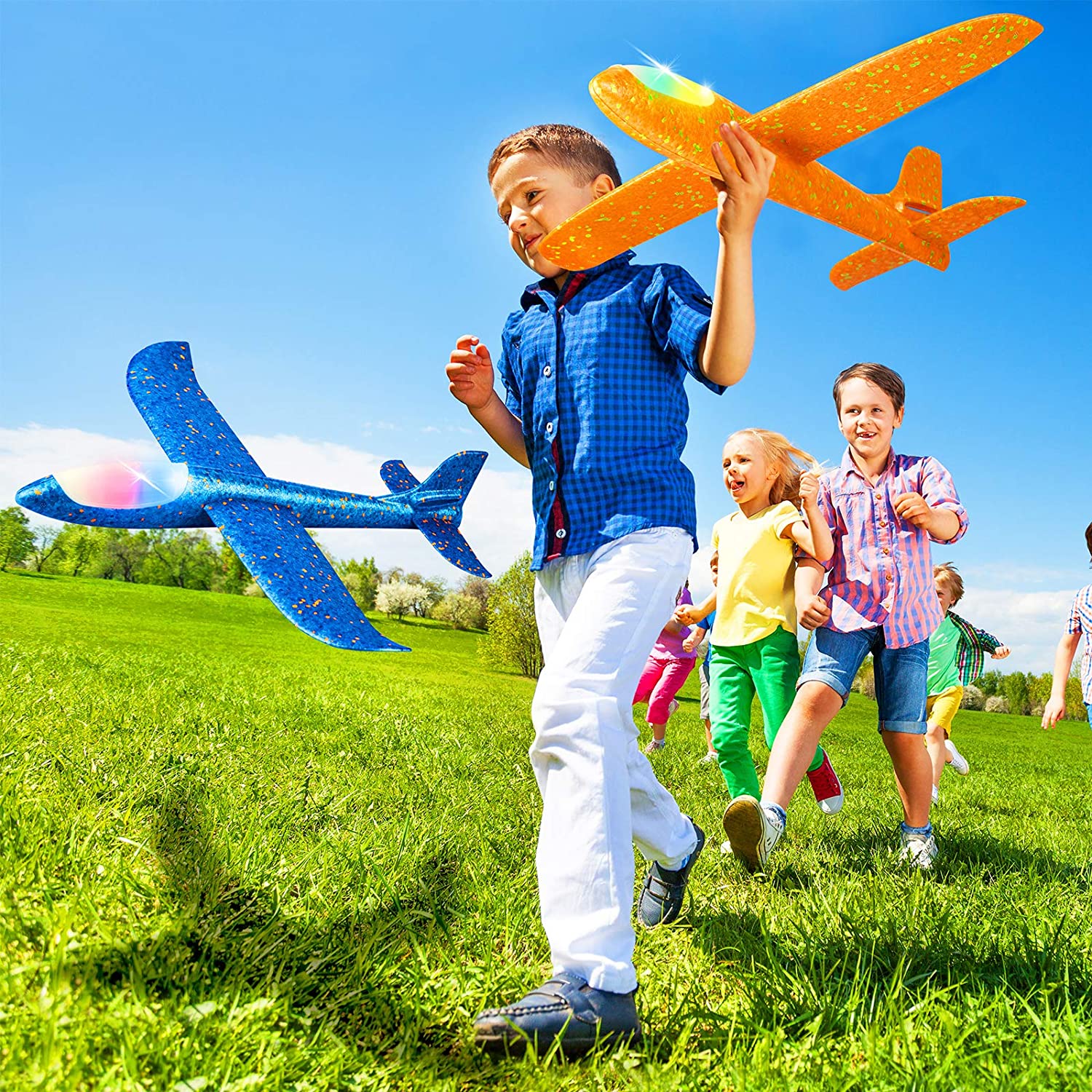 4 paquetes de 50CM de espuma de kit de avi&oacute;n volando juguete planeador con luz LED mano tirar avi&oacute;n conjuntos de juego al aire libre de modelos de avi&oacute;n, juguetes para los ni&ntilde;os