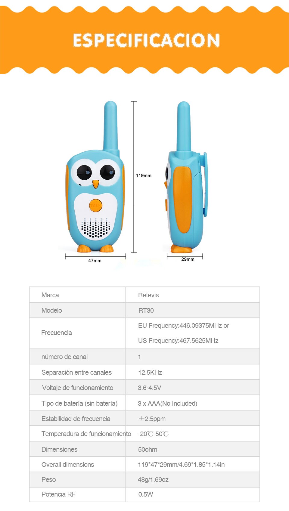 Retevis-walkie-talkie RT30 para ni&ntilde;os, juguete de radio infantil de b&uacute;ho de dibujos animados, regalo de cumplea&ntilde;os y Navidad, 2 unidades