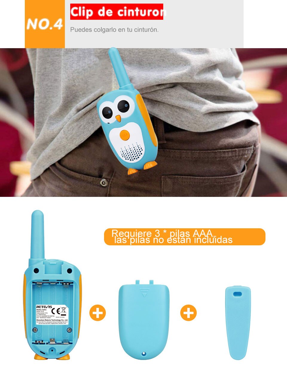 Retevis-walkie-talkie RT30 para ni&ntilde;os, juguete de radio infantil de b&uacute;ho de dibujos animados, regalo de cumplea&ntilde;os y Navidad, 2 unidades