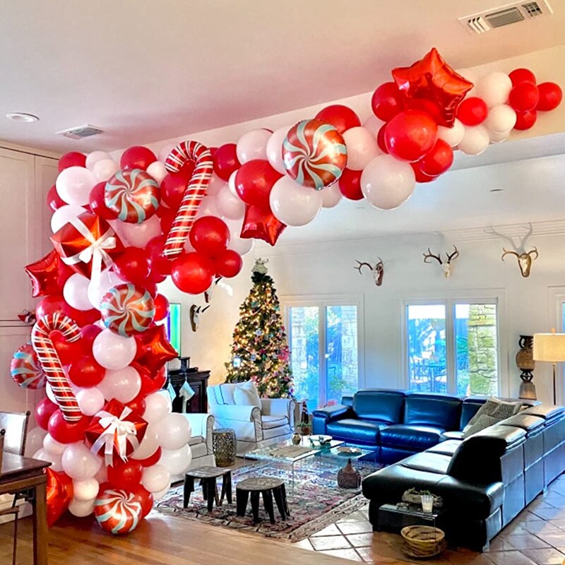 Kit de arco de guirnalda de globos de Navidad con caja de regalo, globos de aluminio de estrella de caramelo, decoraci&oacute;n de Navidad para el hogar y A&ntilde;o Nuevo, 128 piezas