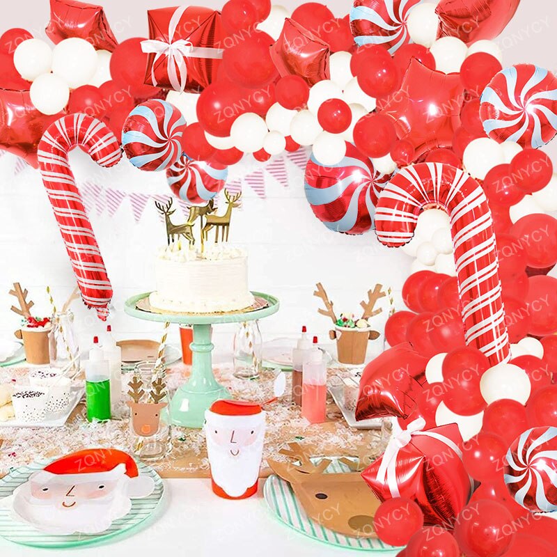 Kit de arco de guirnalda de globos de Navidad con caja de regalo, globos de aluminio de estrella de caramelo, decoraci&oacute;n de Navidad para el hogar y A&ntilde;o Nuevo, 128 piezas