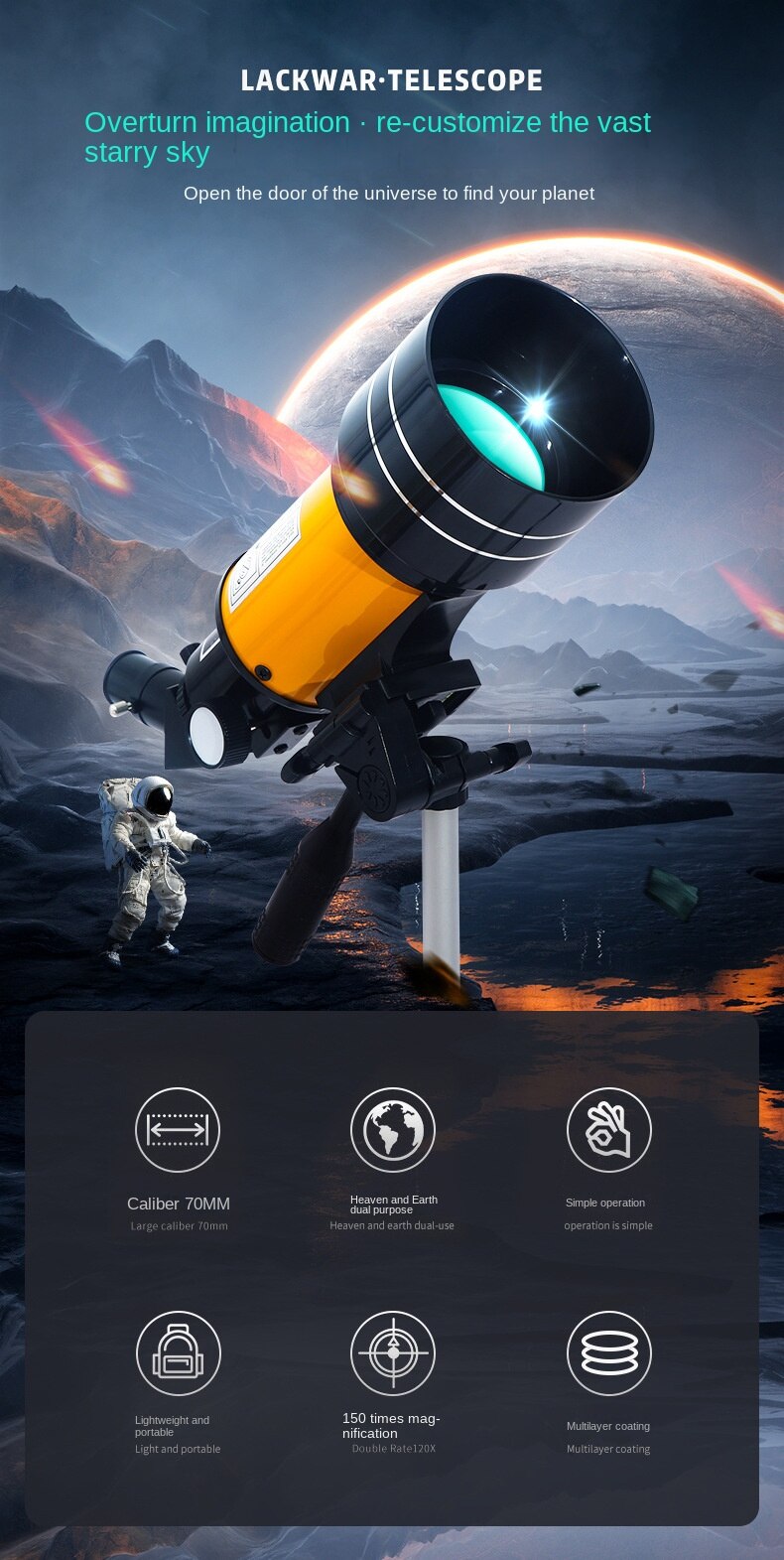 Telescopio astron&oacute;mico potente con Zoom HD, tr&iacute;pode port&aacute;til de alta potencia, visi&oacute;n nocturna, espacio profundo, Visi&oacute;n de estrellas, universo lunar, 150 X