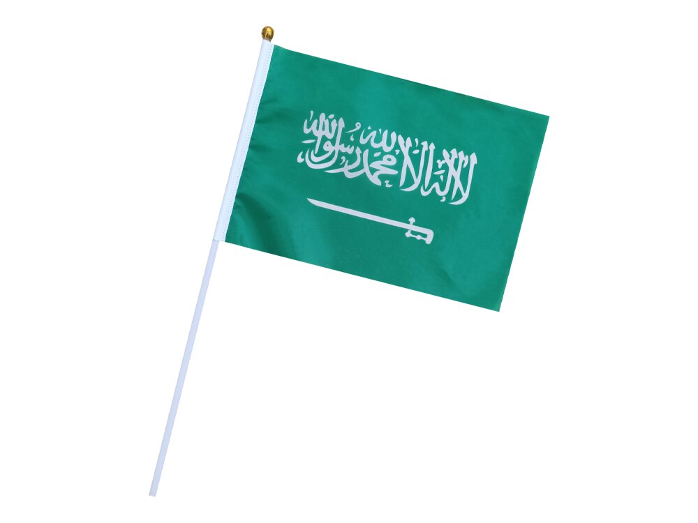 Aerlxemrbrae-banderas de mano personalizadas de Arabia Saudita, lote de 100 unidades, 14x21cm