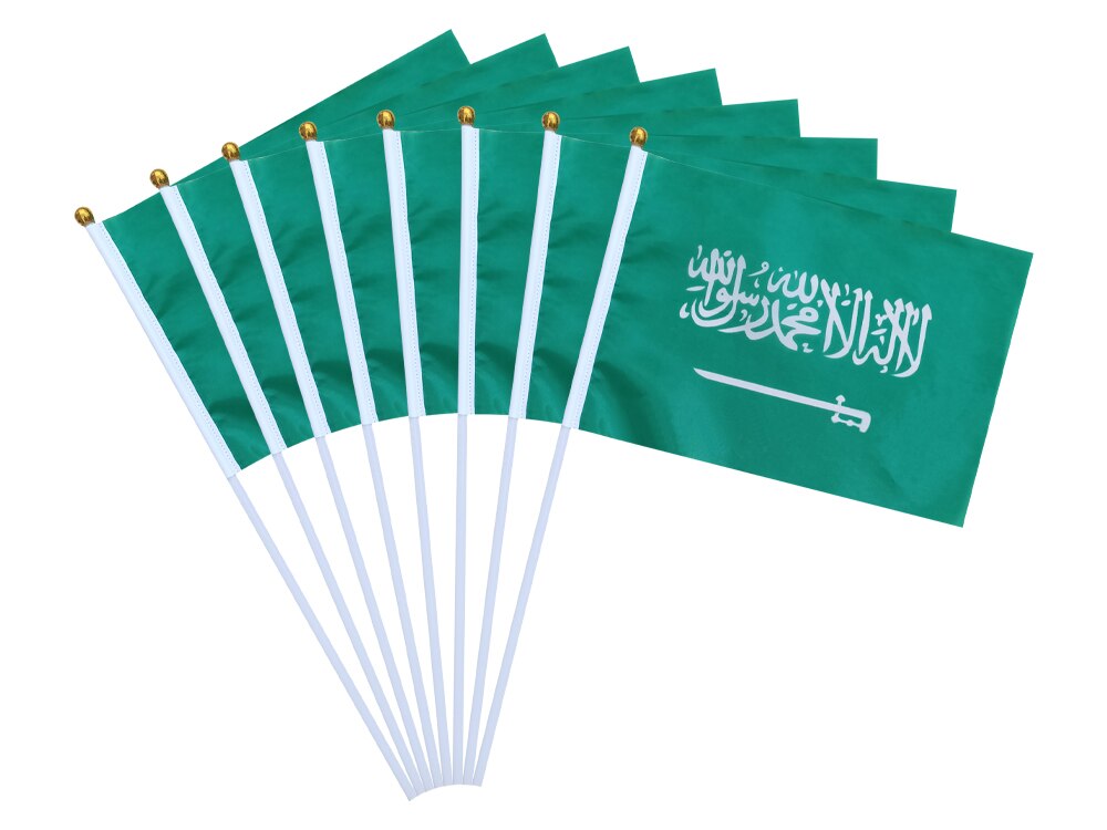 Aerlxemrbrae-banderas de mano personalizadas de Arabia Saudita, lote de 100 unidades, 14x21cm
