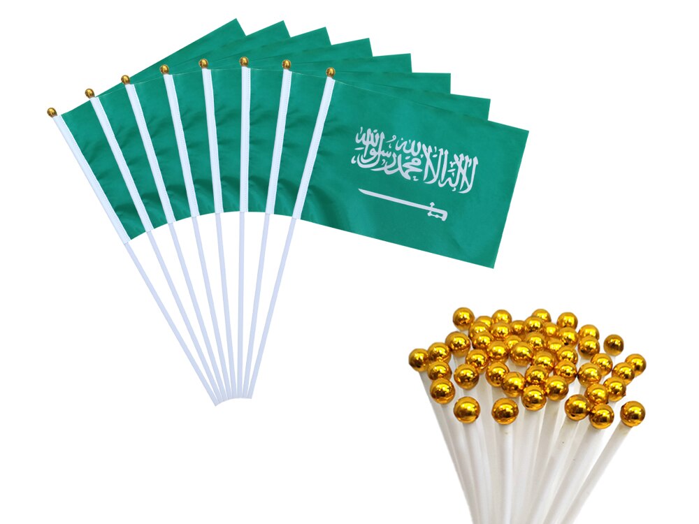 Aerlxemrbrae-banderas de mano personalizadas de Arabia Saudita, lote de 100 unidades, 14x21cm