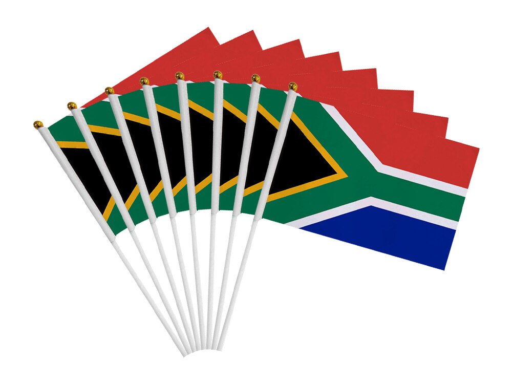 Aerlxemrbrae-Bandera de Sud&aacute;frica personalizada, Bandera de mano de 14x21 cm, Impresi&oacute;n de doble cara, Bandera de Sud&aacute;frica ondulada a mano, 100 unids/lote