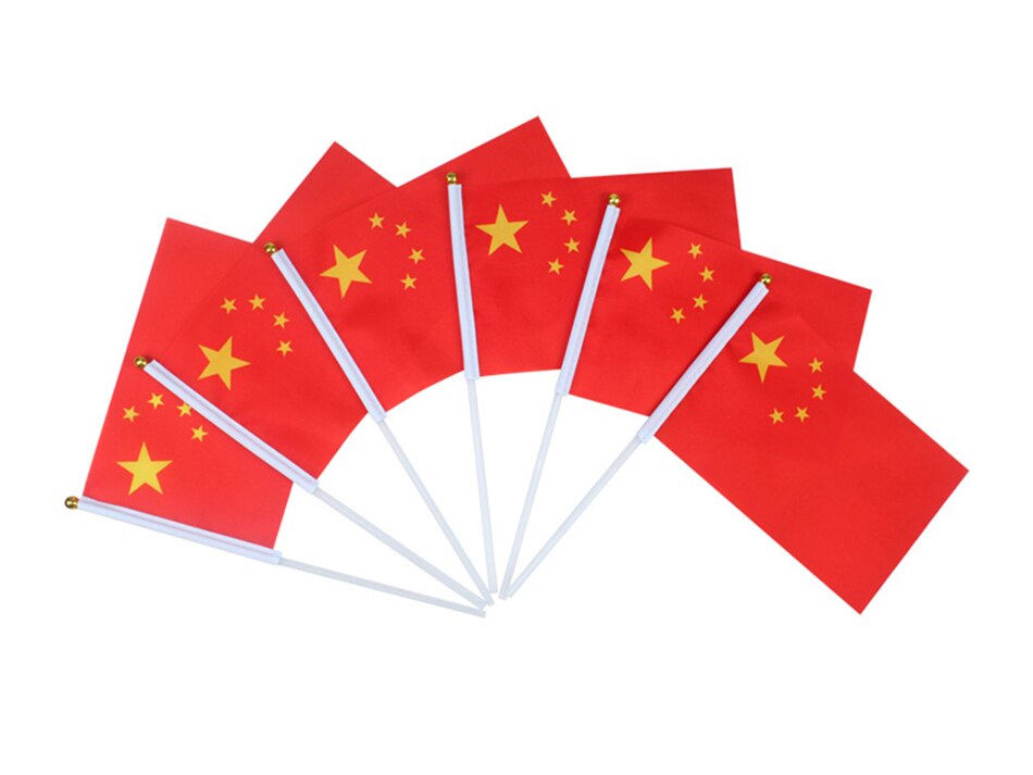 Aerlxembrae-Bandera Nacional CHINA, 100 piezas por lote, 21x14cm, banderas agitadoras a mano con postes de pl&aacute;stico