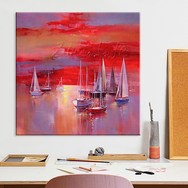 Pintura al &oacute;leo de barco pintada a mano, im&aacute;genes de pared para decoraci&oacute;n de pared de sala de estar, arte, pintura de lienzo, paleta, cuchillo, barco 45