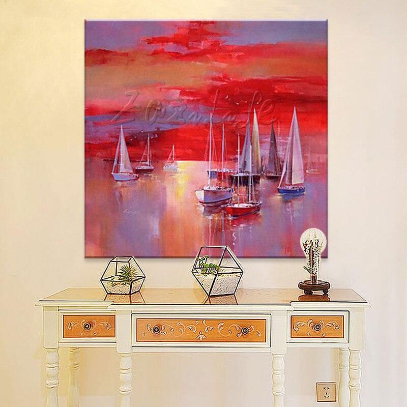 Pintura al &oacute;leo de barco pintada a mano, im&aacute;genes de pared para decoraci&oacute;n de pared de sala de estar, arte, pintura de lienzo, paleta, cuchillo, barco 45