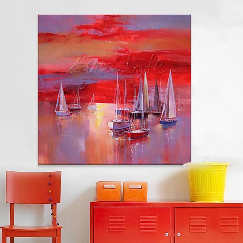Pintura al &oacute;leo de barco pintada a mano, im&aacute;genes de pared para decoraci&oacute;n de pared de sala de estar, arte, pintura de lienzo, paleta, cuchillo, barco 45