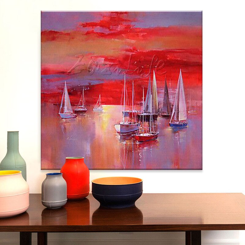 Pintura al &oacute;leo de barco pintada a mano, im&aacute;genes de pared para decoraci&oacute;n de pared de sala de estar, arte, pintura de lienzo, paleta, cuchillo, barco 45