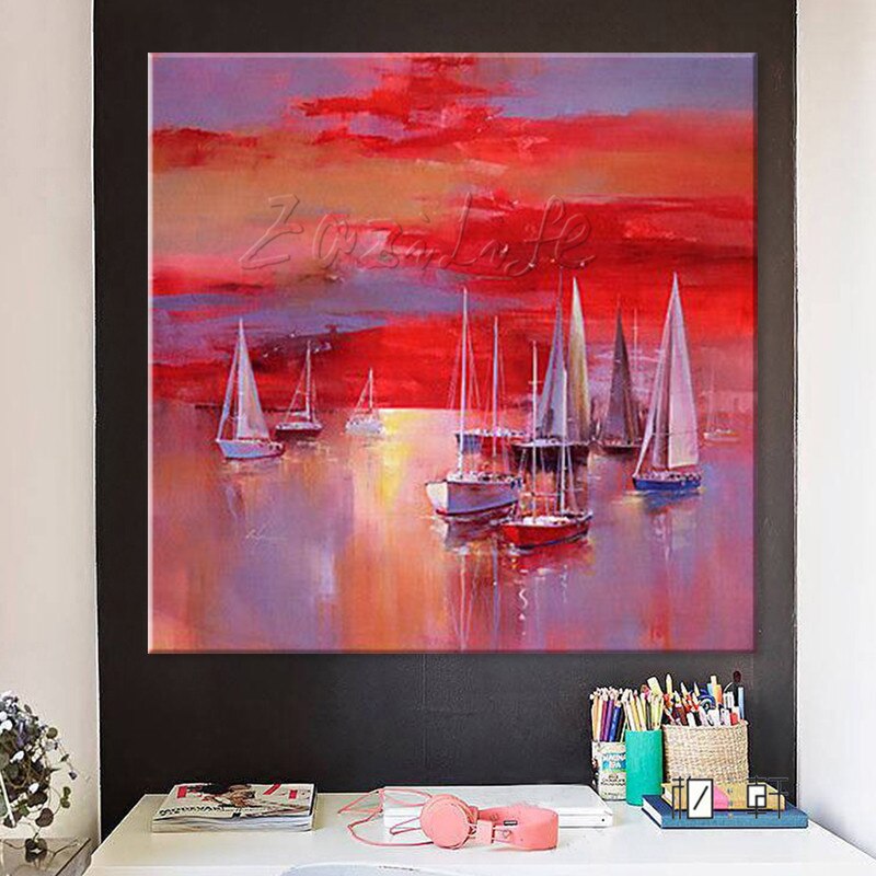 Pintura al &oacute;leo de barco pintada a mano, im&aacute;genes de pared para decoraci&oacute;n de pared de sala de estar, arte, pintura de lienzo, paleta, cuchillo, barco 45