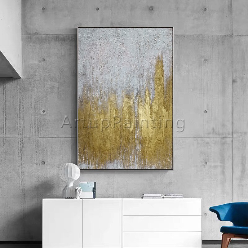 Lienzo abstracto moderno pintado a mano, pintura al &oacute;leo de oro blanco, imagen art&iacute;stica de pared, decoraci&oacute;n del hogar para sala de estar, papel de pared