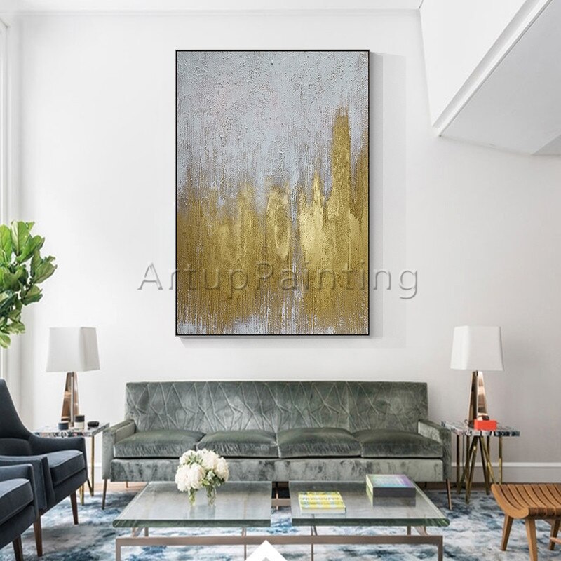 Lienzo abstracto moderno pintado a mano, pintura al &oacute;leo de oro blanco, imagen art&iacute;stica de pared, decoraci&oacute;n del hogar para sala de estar, papel de pared