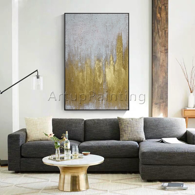 Lienzo abstracto moderno pintado a mano, pintura al &oacute;leo de oro blanco, imagen art&iacute;stica de pared, decoraci&oacute;n del hogar para sala de estar, papel de pared