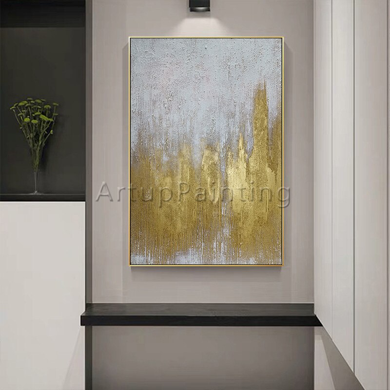 Lienzo abstracto moderno pintado a mano, pintura al &oacute;leo de oro blanco, imagen art&iacute;stica de pared, decoraci&oacute;n del hogar para sala de estar, papel de pared