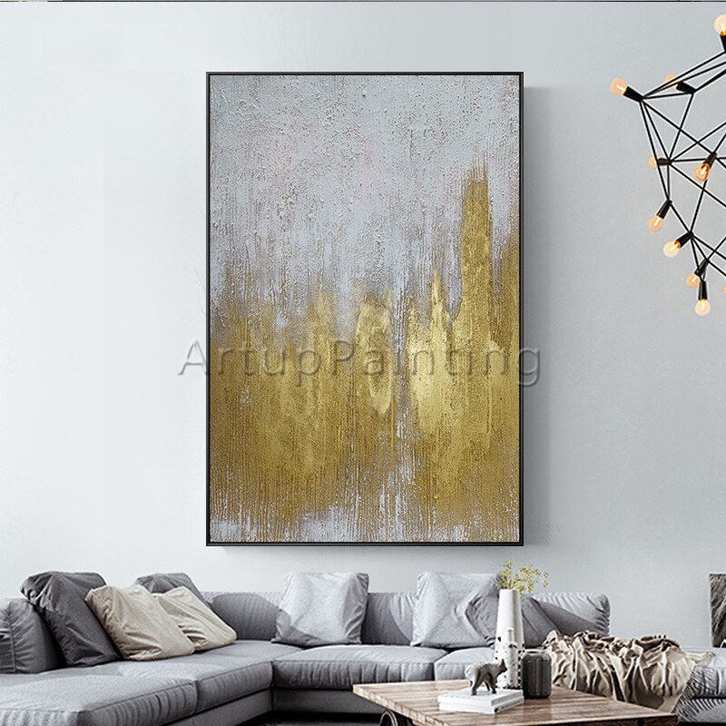 Lienzo abstracto moderno pintado a mano, pintura al &oacute;leo de oro blanco, imagen art&iacute;stica de pared, decoraci&oacute;n del hogar para sala de estar, papel de pared