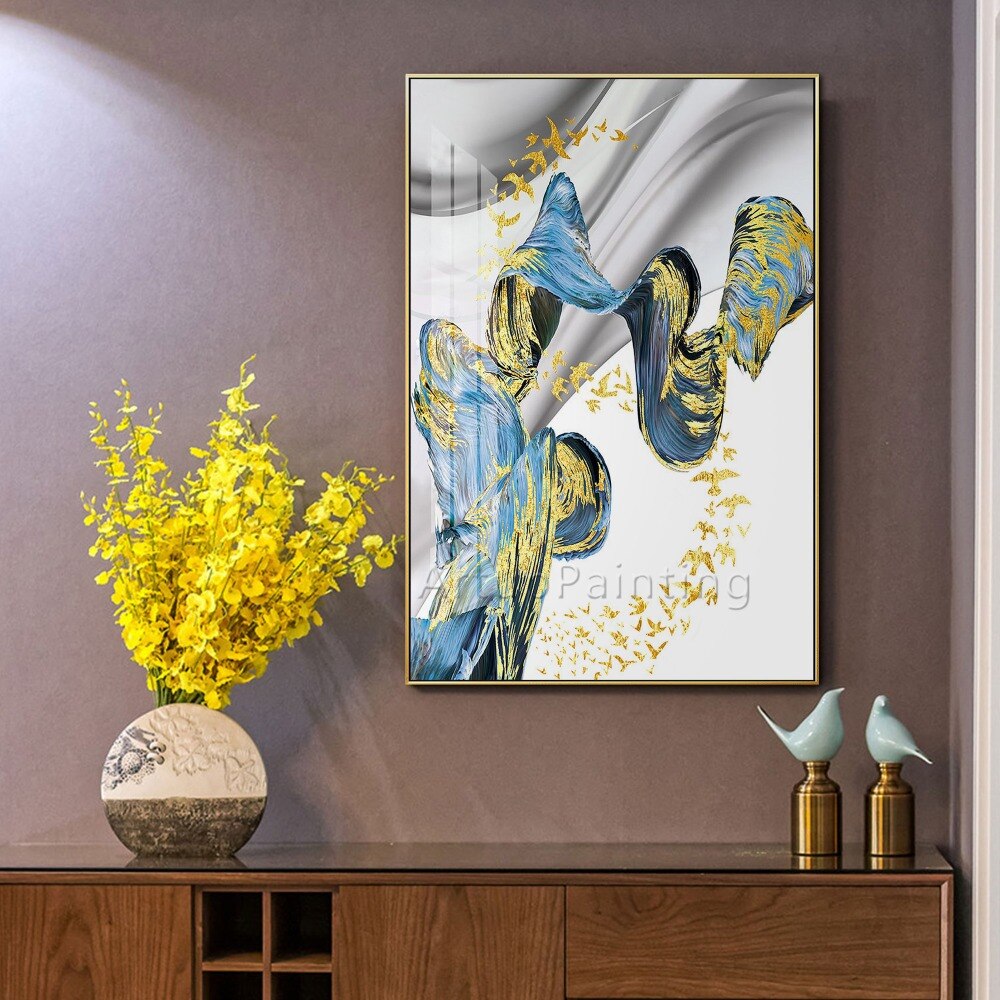 Pintura abstracta moderna pintada a mano, pintura al óleo de oro blanco y azul sobre lienzo, imagen artística para pared, decoración del hogar para sala de estar, papel de pared Pintura abstracta moderna pintada a mano, pintura al óleo de oro blanco y azul sobre lienzo, imagen artística para pared, decoración del hogar para sala de estar, papel de pared
