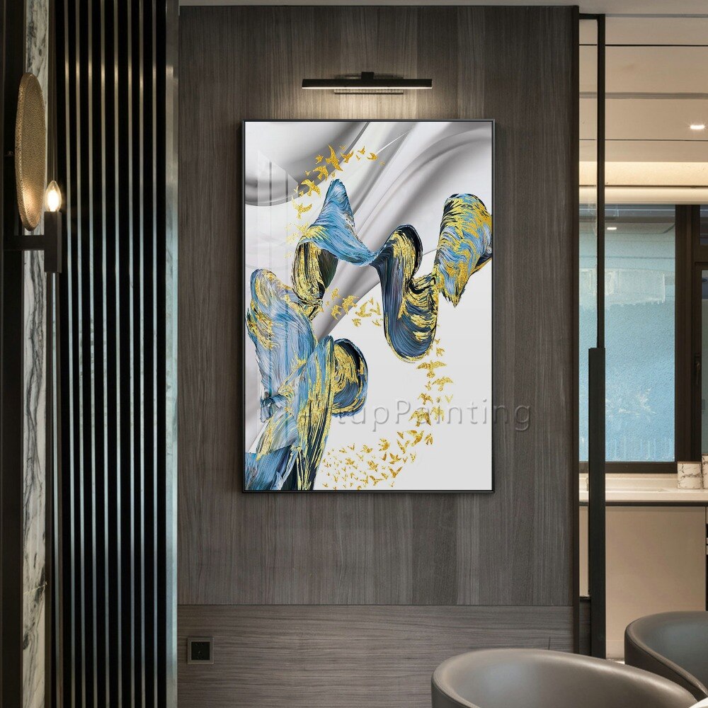 Pintura abstracta moderna pintada a mano, pintura al óleo de oro blanco y azul sobre lienzo, imagen artística para pared, decoración del hogar para sala de estar, papel de pared Pintura abstracta moderna pintada a mano, pintura al óleo de oro blanco y azul sobre lienzo, imagen artística para pared, decoración del hogar para sala de estar, papel de pared