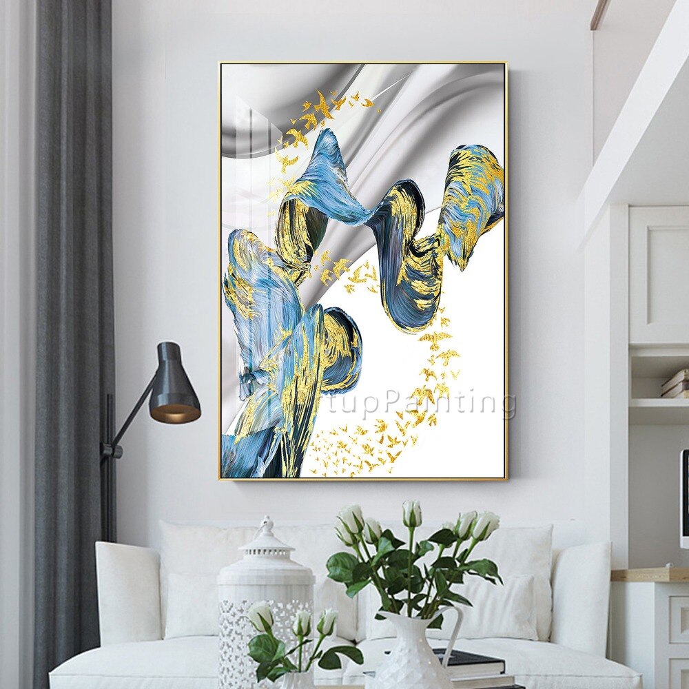 Pintura abstracta moderna pintada a mano, pintura al óleo de oro blanco y azul sobre lienzo, imagen artística para pared, decoración del hogar para sala de estar, papel de pared Pintura abstracta moderna pintada a mano, pintura al óleo de oro blanco y azul sobre lienzo, imagen artística para pared, decoración del hogar para sala de estar, papel de pared