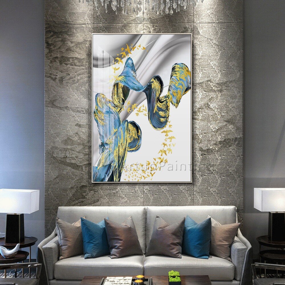 Pintura abstracta moderna pintada a mano, pintura al óleo de oro blanco y azul sobre lienzo, imagen artística para pared, decoración del hogar para sala de estar, papel de pared Pintura abstracta moderna pintada a mano, pintura al óleo de oro blanco y azul sobre lienzo, imagen artística para pared, decoración del hogar para sala de estar, papel de pared