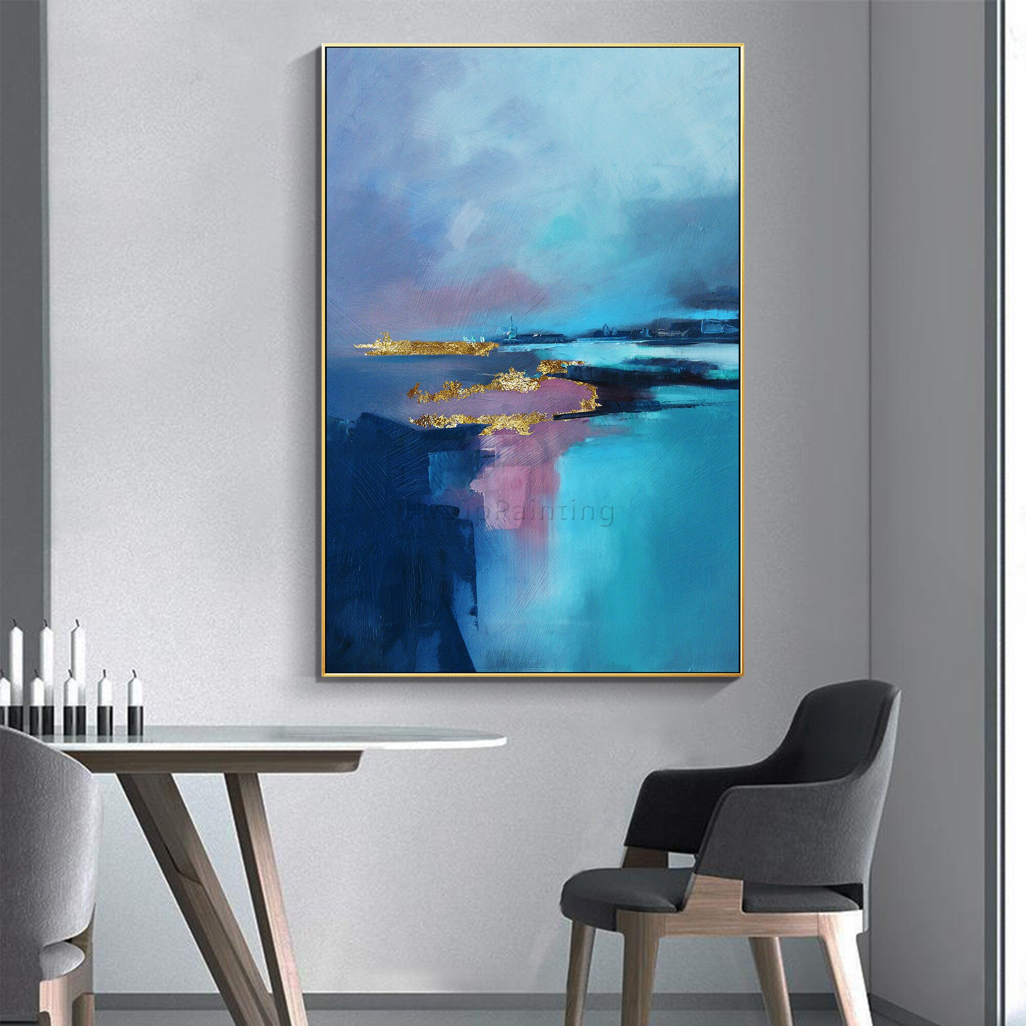 Pintura al &oacute;leo abstracta moderna para decoraci&oacute;n del hogar, lienzo pintado a mano con textura de oro p&uacute;rpura y Oc&eacute;ano Azul, arte de pared grande acr&iacute;lico, p&oacute;ster, imagen