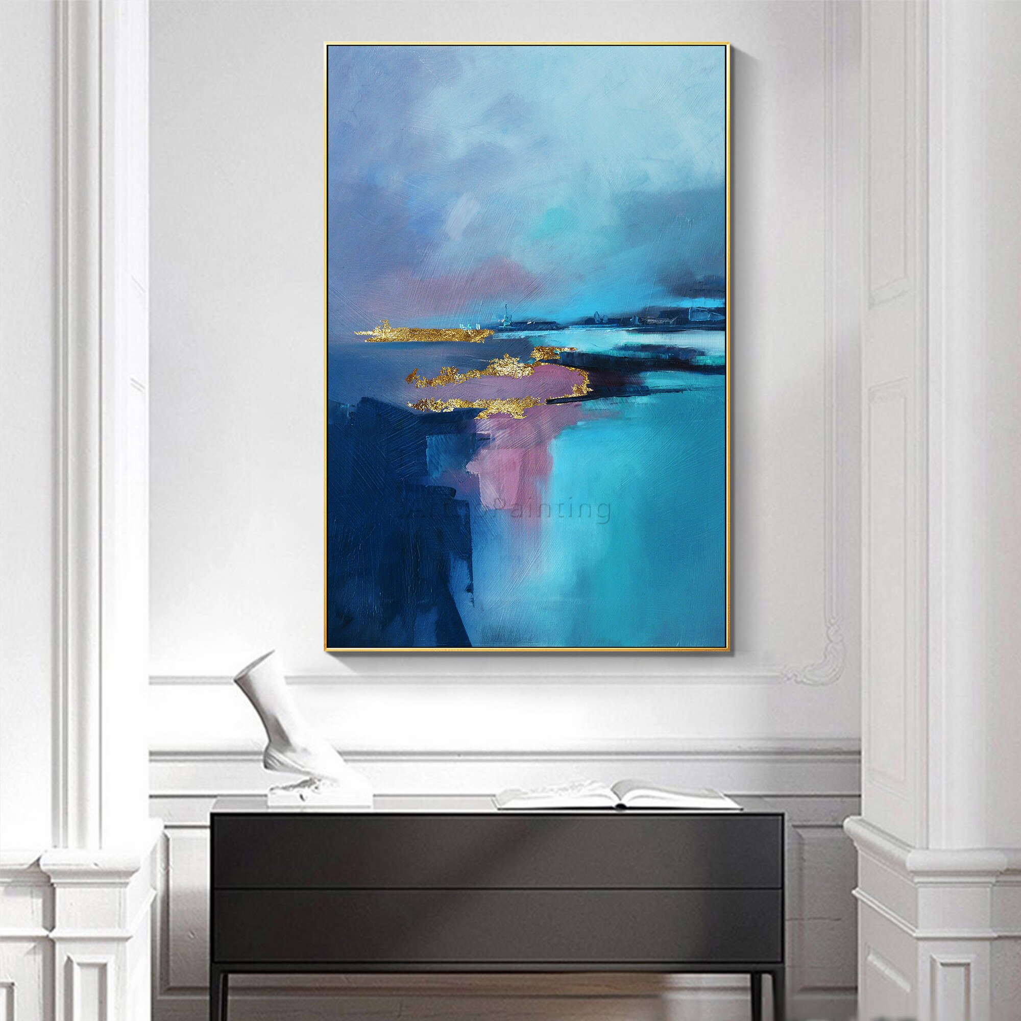 Pintura al &oacute;leo abstracta moderna para decoraci&oacute;n del hogar, lienzo pintado a mano con textura de oro p&uacute;rpura y Oc&eacute;ano Azul, arte de pared grande acr&iacute;lico, p&oacute;ster, imagen