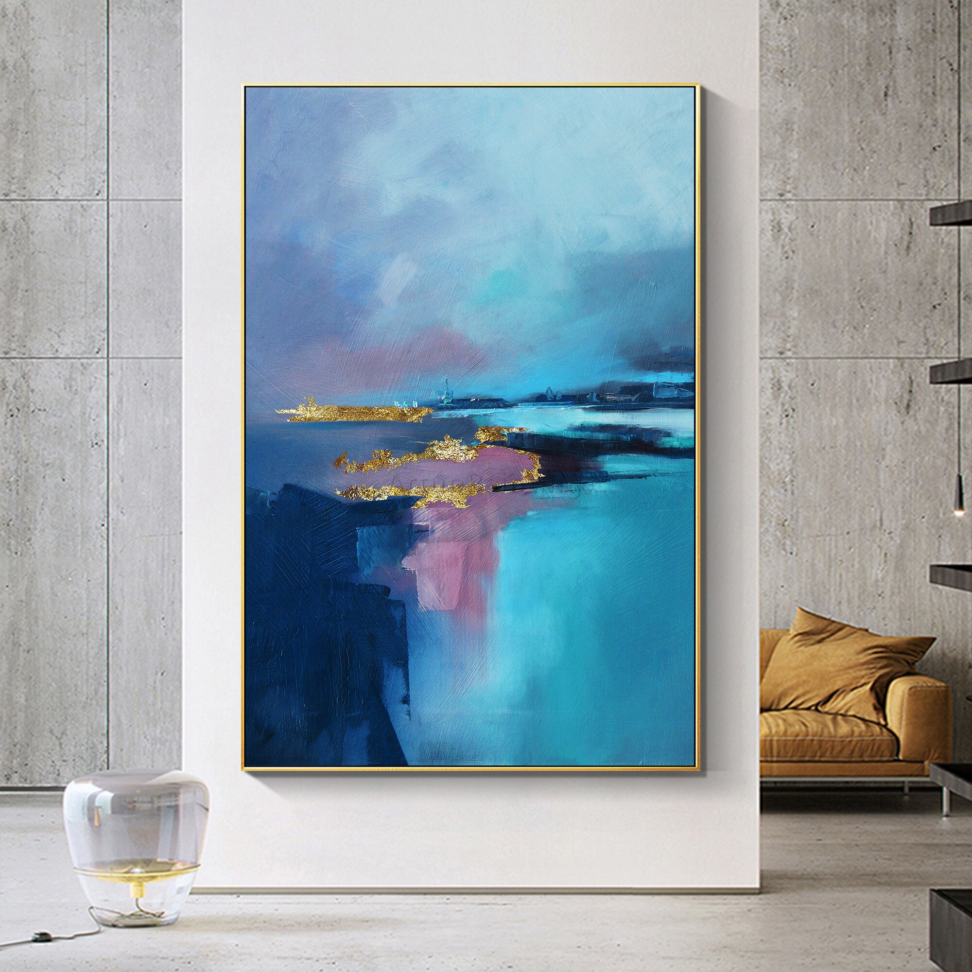 Pintura al &oacute;leo abstracta moderna para decoraci&oacute;n del hogar, lienzo pintado a mano con textura de oro p&uacute;rpura y Oc&eacute;ano Azul, arte de pared grande acr&iacute;lico, p&oacute;ster, imagen