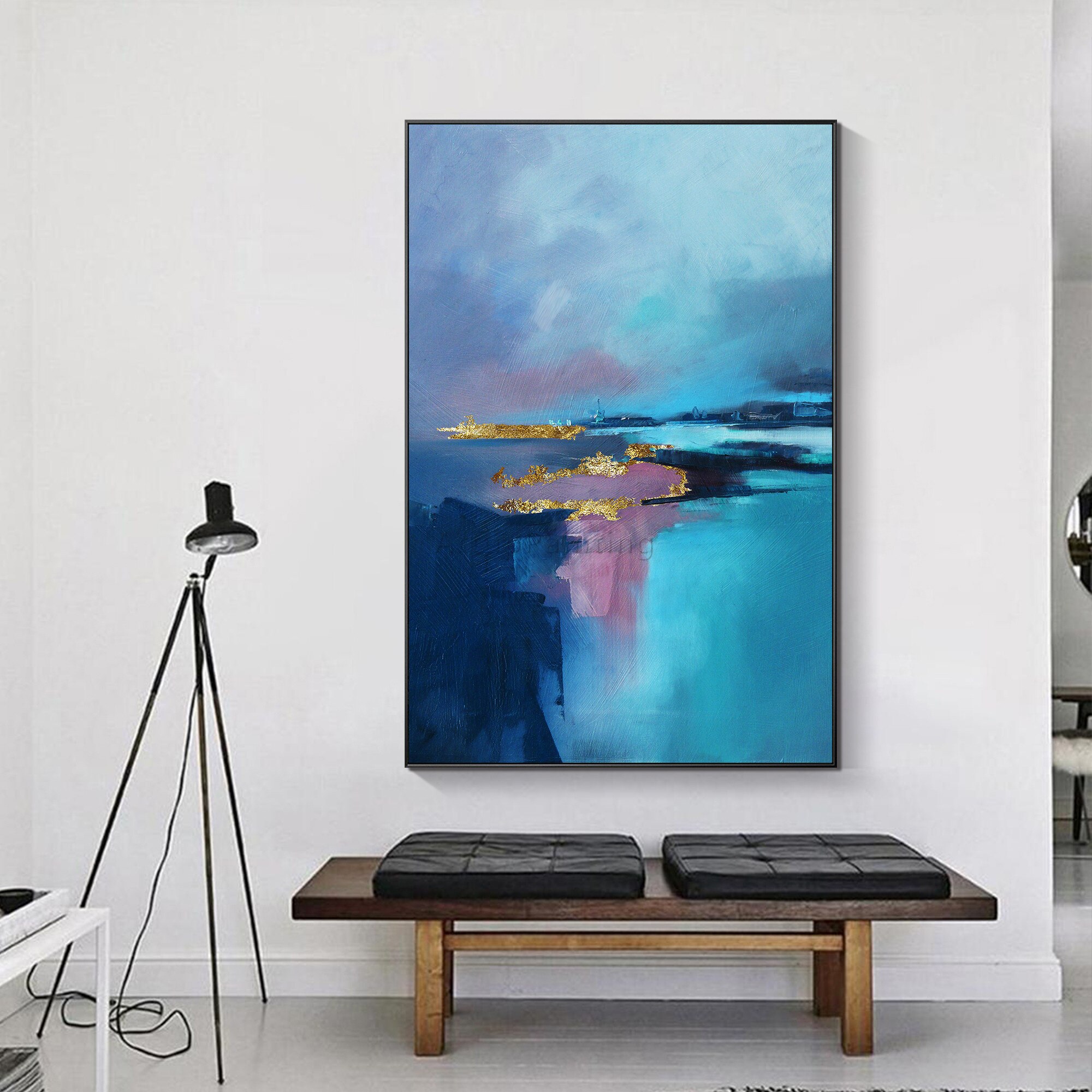 Pintura al &oacute;leo abstracta moderna para decoraci&oacute;n del hogar, lienzo pintado a mano con textura de oro p&uacute;rpura y Oc&eacute;ano Azul, arte de pared grande acr&iacute;lico, p&oacute;ster, imagen