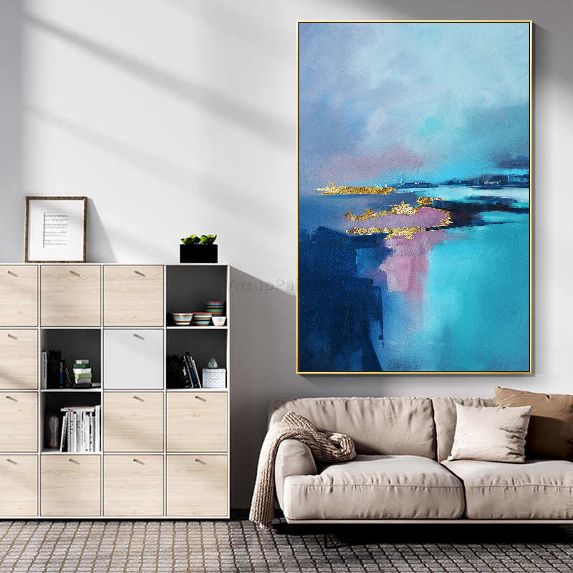 Pintura al &oacute;leo abstracta moderna para decoraci&oacute;n del hogar, lienzo pintado a mano con textura de oro p&uacute;rpura y Oc&eacute;ano Azul, arte de pared grande acr&iacute;lico, p&oacute;ster, imagen