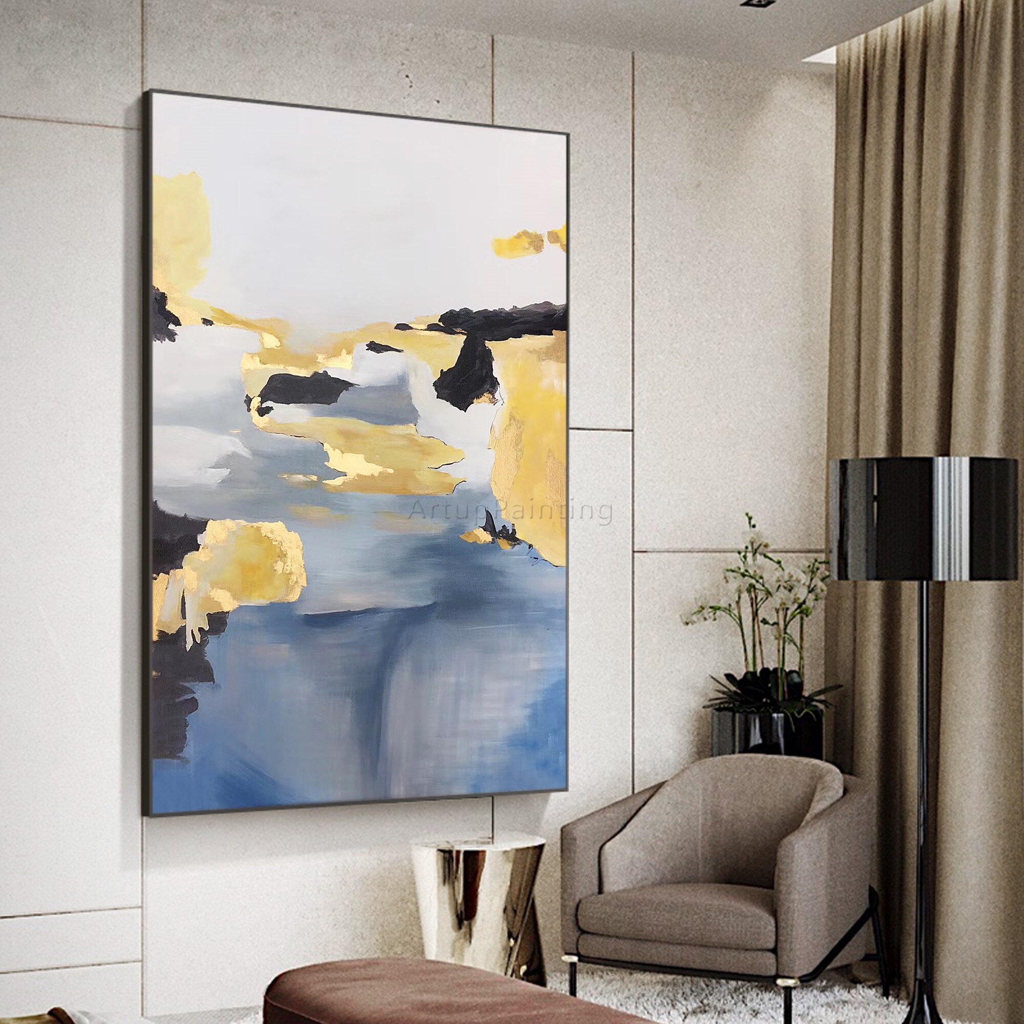 Pintura abstracta moderna a mano para decoraci&oacute;n del hogar, lienzo de pintura al &oacute;leo acr&iacute;lico Original, imagen art&iacute;stica de pared grande para decoraci&oacute;n del hogar, negro, dorado y azul
